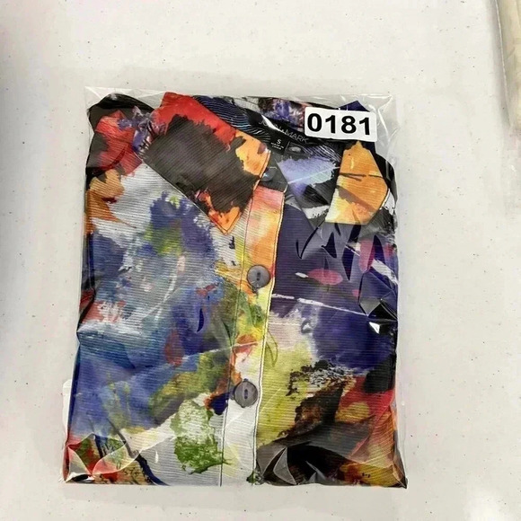 JOHN MARK MIXED PRINT BLUE BUTTON FRONT LONG SHEER TUNIC BLOUSE TOP SIZE SMALL - Picture 7 of 13